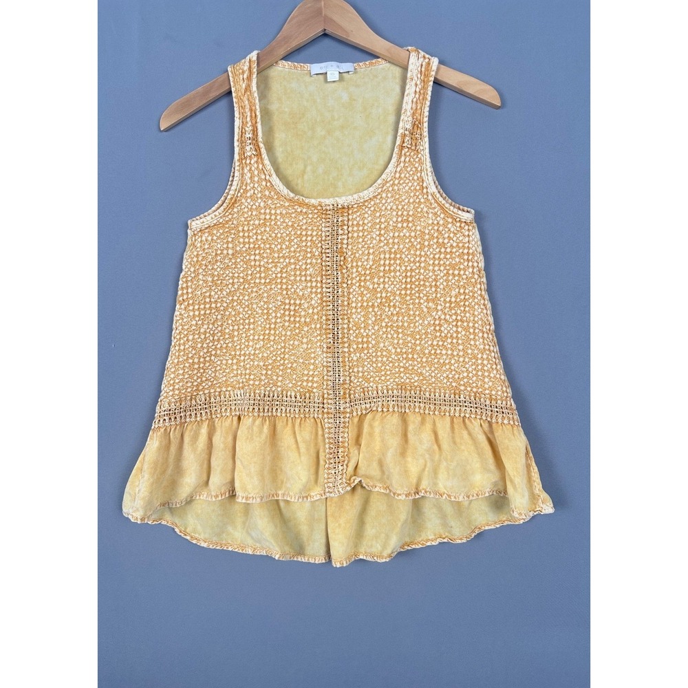 Eri + Ali Anthropologie Yellow Acid Wash Crochet Lace Peplum Tank Top  XS
